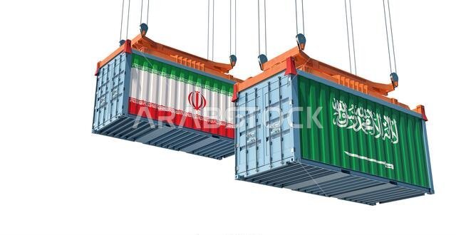 Freight container with Iran and Saudi Arabia flag. 3D Rendering