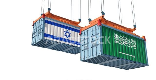 Freight container with Israel and Saudi Arabia flag. 3D Rendering