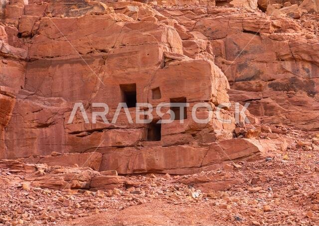 Old tombs in the rock in jabal Ikmah, Al Madinah Province, Alula, Saudi Arabia
