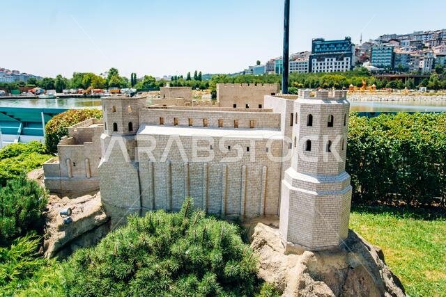 Istanbul, Turkey - July 12, 2017: the reduced copy of the Ecyad Castle. Miniaturk Park located in Istanbul