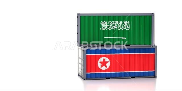 Freight container with Saudi Arabia and North Korea flag. 3D Rendering