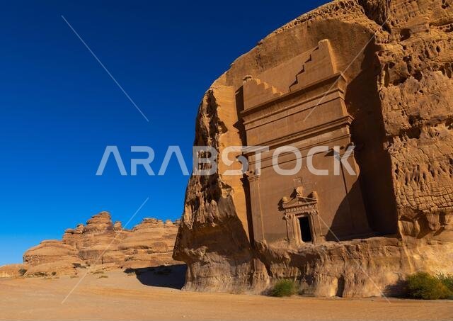 Nabataean tomb in al-Hijr archaeological site in Madain Saleh, Al Madinah Province, Alula, Saudi Arabia