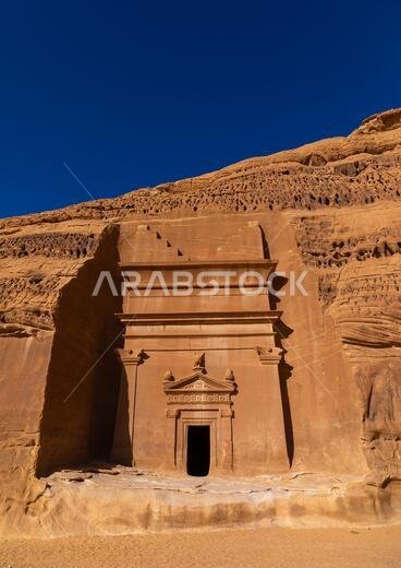 Nabataean tomb in al-Hijr archaeological site in Madain Saleh, Al Madinah Province, Alula, Saudi Arabia