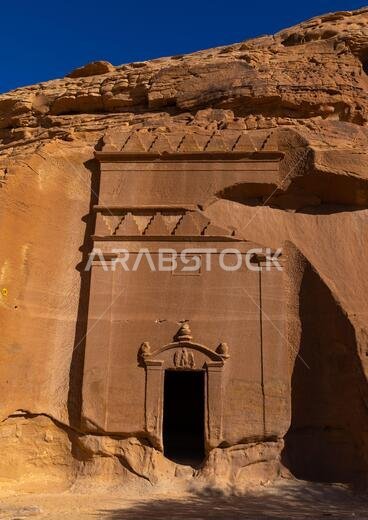 Nabataean tomb in al-Hijr archaeological site in Madain Saleh, Al Madinah Province, Alula, Saudi Arabia