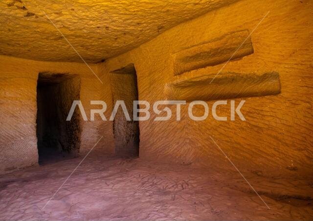 Holes for the coffins inside a tomb in al-Hijr archaeological site in Madain Saleh, Al Madinah Province, Alula, Saudi Arabia