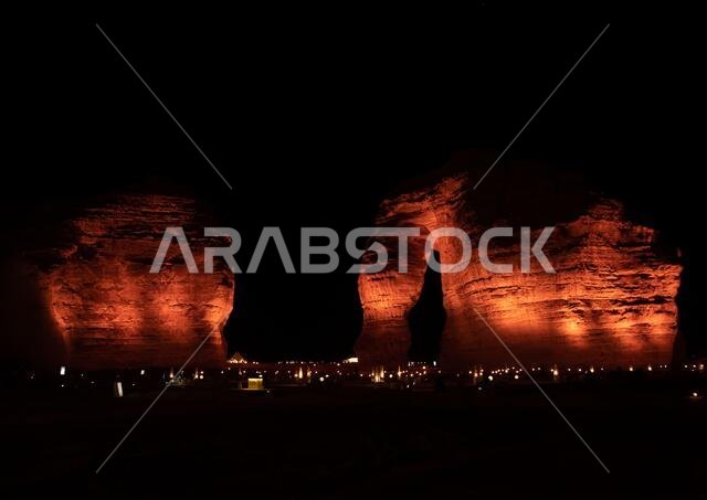 Elephant rock in Madain Saleh archaeologic site during winter at Tantora festival, Al Madinah Province, Alula, Saudi Arabia