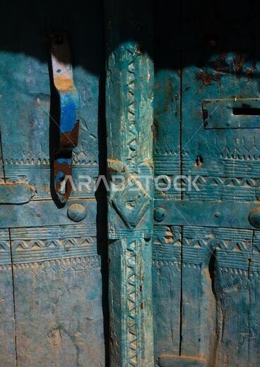 Rijal Almaa heritage village old wooden door, Asir province, Rijal Alma, Saudi Arabia