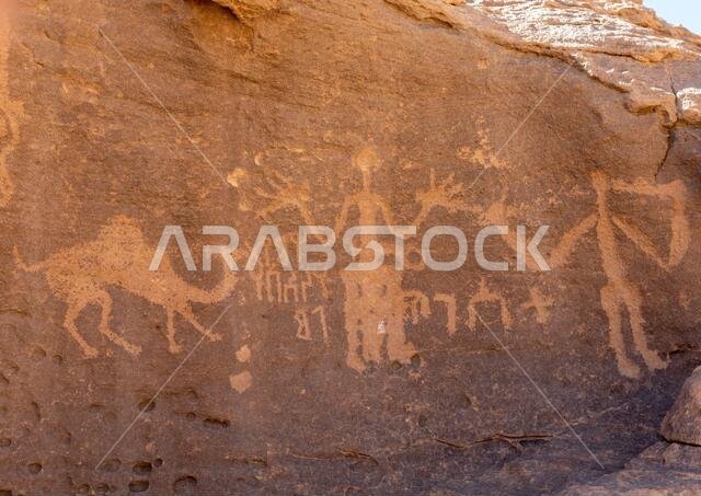 Petroglyphs rock art depicting humans and camel, Najran Province, Thar, Saudi Arabia