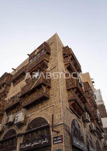 Old historic house with wooden mashrabiya in al-Balad quarter, Mecca province, Jeddah, Saudi Arabia