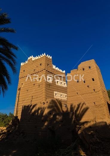 منزل طيني تقليدي قديم متعدد الطوابق وسط أشجار النخيل، منطقة نجران، نجران، المملكة العربية السعودية