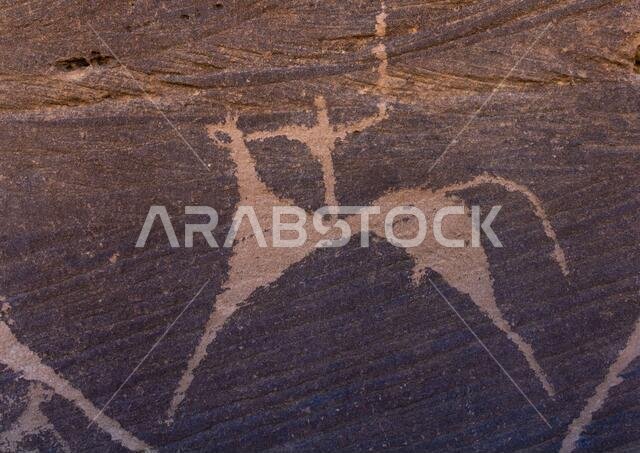Petroglyphs of a man hunting on a horse, Najran Province, Minshaf, Saudi Arabia