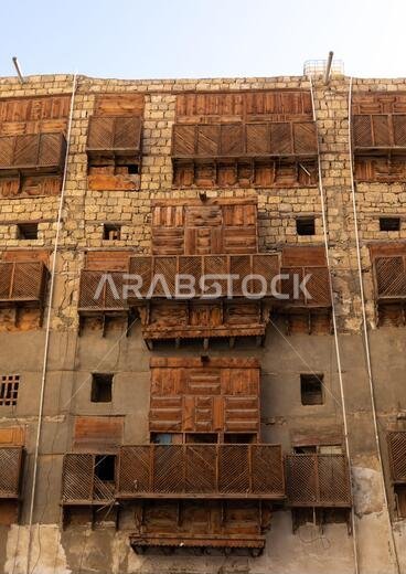 Historic house with wooden mashrabiyas in al-Balad quarter, Mecca province, Jeddah, Saudi Arabia