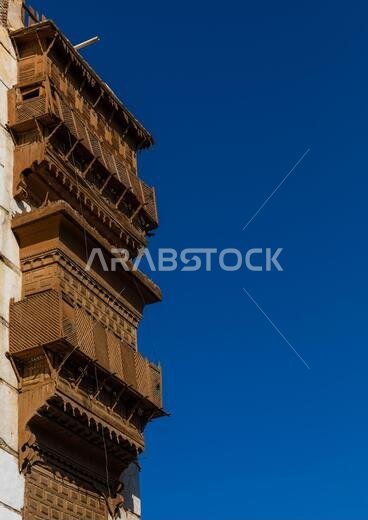 Historic house with wooden mashrabiyas in al-Balad quarter, Mecca province, Jeddah, Saudi Arabia