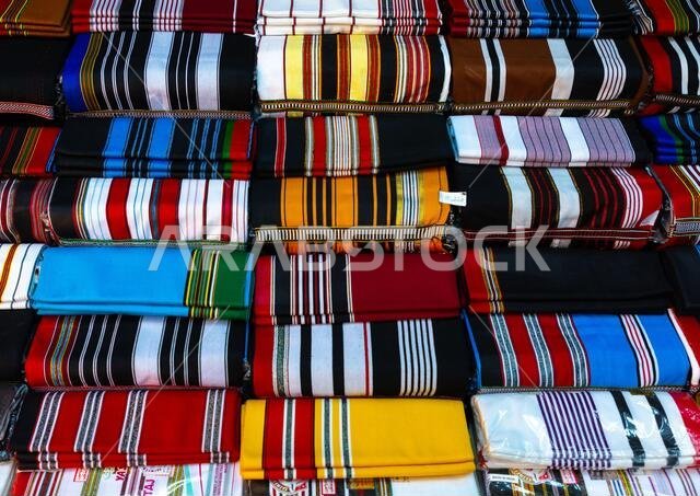 Traditional multi colored futhas now made in India, Jizan province, Addayer, Saudi Arabia