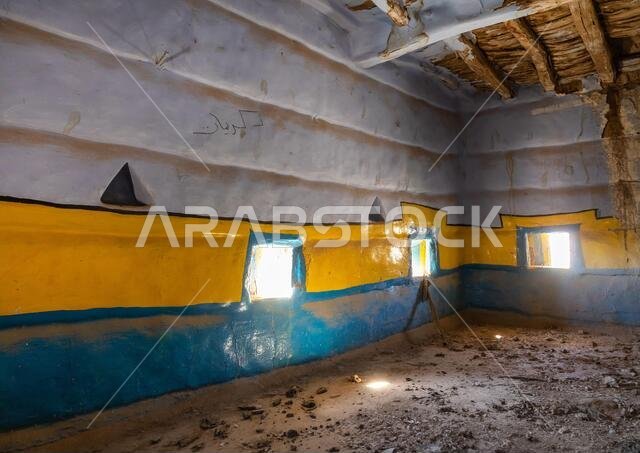Al-qatt al-asiri traditionally female interior wall decoration in an abandonned house, Asir province, Dahran Aljanub, Saudi Arabia