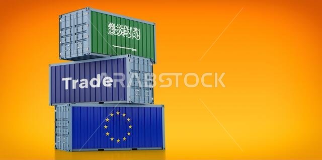 Freight container with European Union and Saudi Arabia flag. 3D Rendering
