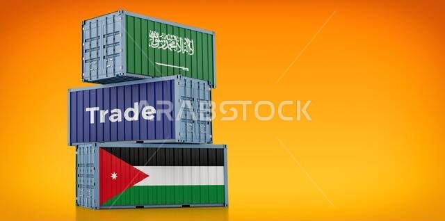 Freight container with Jordan and Saudi Arabia flag. 3D Rendering