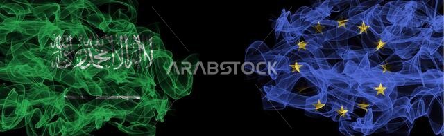 Flags of Saudi Arabia and EU on Black background, Saudi Arabia vs Europe Union Smoke Flags