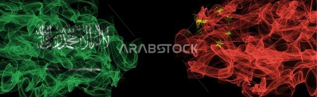 Flags of Saudi Arabia and China on Black background, Saudi Arabia vs China Smoke Flags