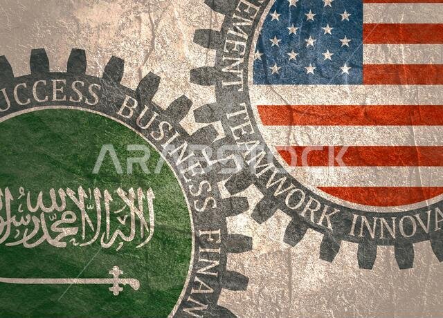 Partnership concept. USA and Saudi Arabia association. Gears textured by flag. Business relative words on the mechanism of gears. Communication concep