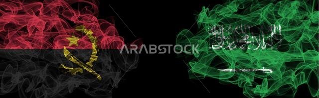 Flags of Angola and Saudi Arabia on Black background, Angola vs Saudi Arabia Smoke Flags