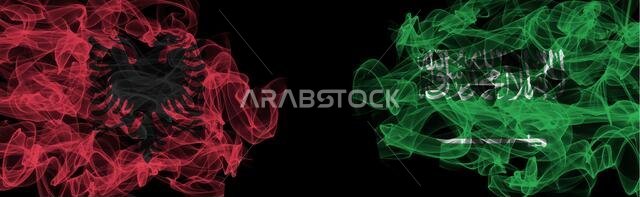 Flags of Albania and Saudi Arabia on Black background, Albania vs Saudi Arabia Smoke Flags