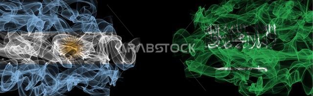 Flags of Argentina and Saudi Arabia on Black background, Argentina vs Saudi Arabia Smoke Flags