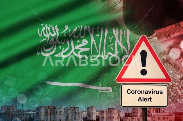 Saudi Arabia flag and Coronavirus 2019-nCoV alert sign. Concept of high probability of novel coronavirus outbreak through traveling Chinese tourists