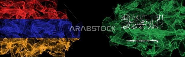 Flags of Armenia and Saudi Arabia on Black background, Armenia vs Saudi Arabia Smoke Flags