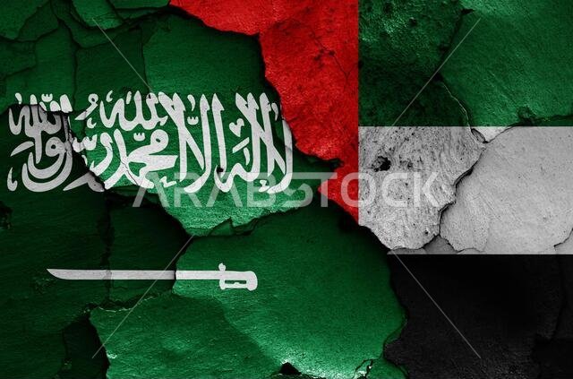 أعلام المملكة العربية السعودية والإمارات العربية المتحدة مرسومة على جدار متصدع