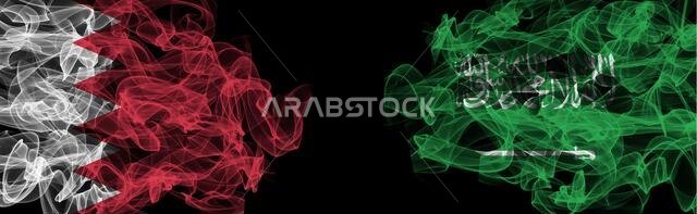 Flags of Bahrain and Saudi Arabia on Black background, Bahrain vs Saudi Arabia Smoke Flags