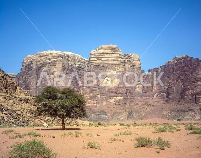 Jordan. Colourful desert mountain landscapes at the UNESCO World Heritage Site of Wadi Rum near the port of Aqaba in southern Jordan  associated with  Lawrence of Arabia.