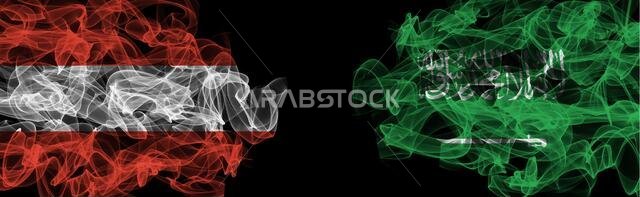 Flags of Austria and Saudi Arabia on Black background, Austria vs Saudi Arabia Smoke Flags
