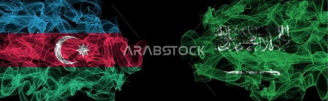 Flags of Azerbaijan and Saudi Arabia on Black background, Azerbaijan vs Saudi Arabia Smoke Flags
