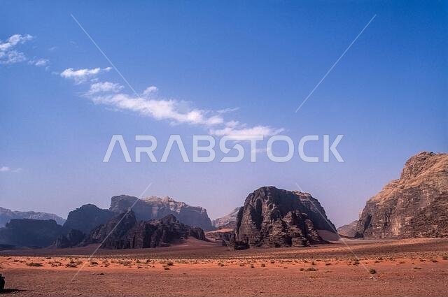 Jordan. Colourful desert mountain landscapes at the UNESCO World Heritage Site of Wadi Rum near the port of Aqaba in southern Jordan  associated with  Lawrence of Arabia.