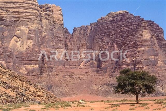 Jordan. Colourful desert mountain landscapes at the UNESCO World Heritage Site of Wadi Rum near the port of Aqaba in southern Jordan  associated with  Lawrence of Arabia.