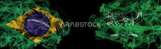 Flags of Brazil and Saudi Arabia on Black background, Brazil vs Saudi Arabia Smoke Flags