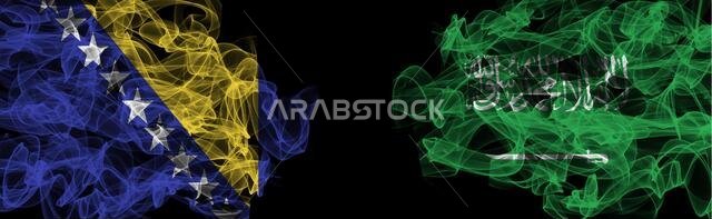 Flags of Bosnia and Herzegovina and Saudi Arabia on Black background, Bosnia and Herzegovina vs Saudi Arabia Smoke Flags