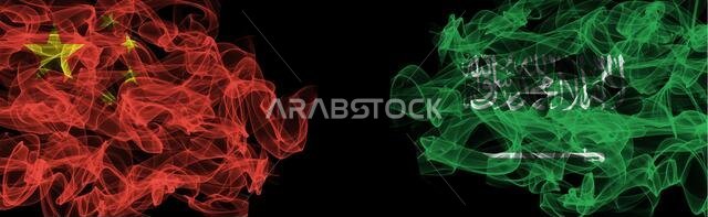Flags of China and Saudi Arabia on Black background, China vs Saudi Arabia Smoke Flags