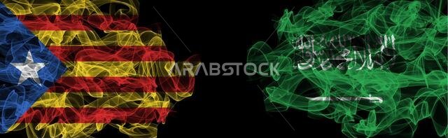 Flags of Catalonia and Saudi Arabia on Black background, Catalonia vs Saudi Arabia Smoke Flags