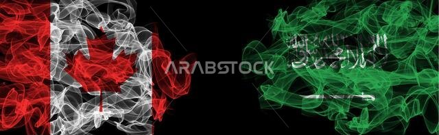 Flags of Canada and Saudi Arabia on Black background, Canada vs Saudi Arabia Smoke Flags