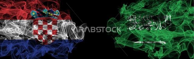 Flags of Croatia and Saudi Arabia on Black background, Croatia vs Saudi Arabia Smoke Flags