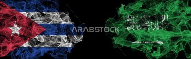 Flags of Cuba and Saudi Arabia on Black background, Cuba vs Saudi Arabia Smoke Flags