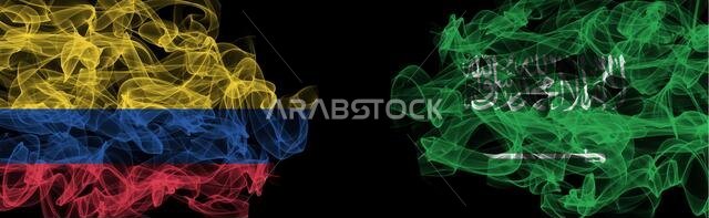 Flags of Colombia and Saudi Arabia on Black background, Colombia vs Saudi Arabia Smoke Flags