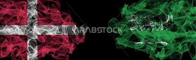 Flags of Denmark and Saudi Arabia on Black background, Denmark vs Saudi Arabia Smoke Flags