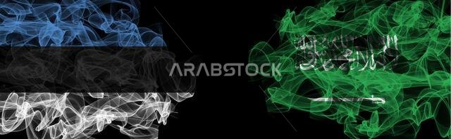 Flags of Estonia and Saudi Arabia on Black background, Estonia vs Saudi Arabia Smoke Flags