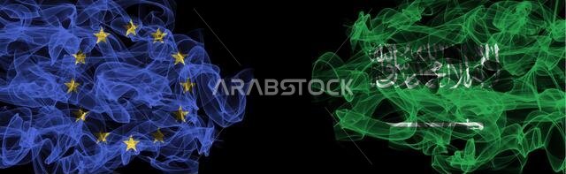 Flags of EU and Saudi Arabia on Black background, EU vs Saudi Arabia Smoke Flags