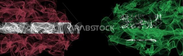 Flags of Latvia and Saudi Arabia on Black background, Latvia vs Saudi Arabia Smoke Flags