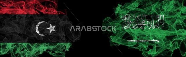 Flags of Libya and Saudi Arabia on Black background, Libya vs Saudi Arabia Smoke Flags