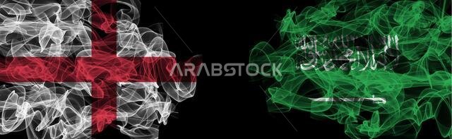 Flags of England and Saudi Arabia on Black background, England vs Saudi Arabia Smoke Flags